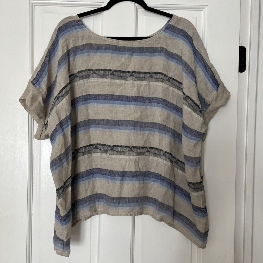 Stella Bianca Linen Top Women XL Tan Striped Italy Coast Beach Lagenlook Relaxed